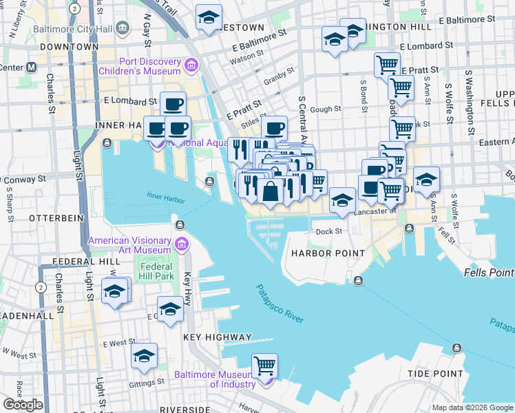 map of restaurants, bars, coffee shops, grocery stores, and more near 300 International Drive in Baltimore