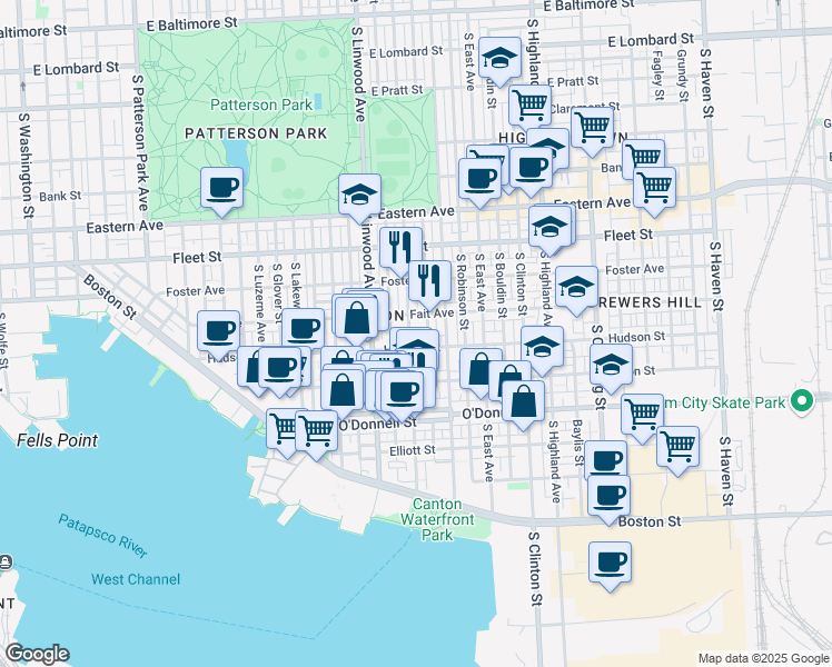 map of restaurants, bars, coffee shops, grocery stores, and more near 813 South Potomac Street in Baltimore