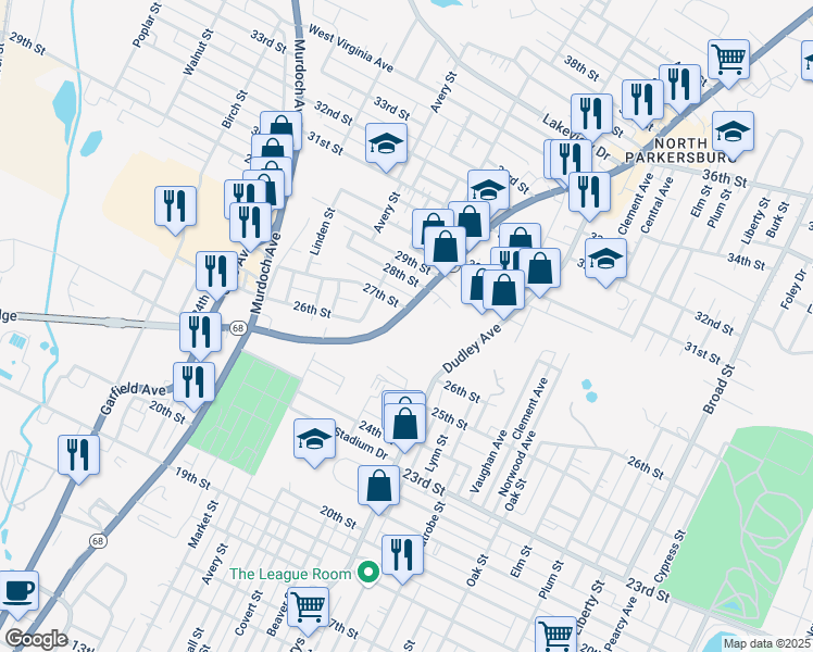 map of restaurants, bars, coffee shops, grocery stores, and more near 1044 Emerson Avenue in Parkersburg