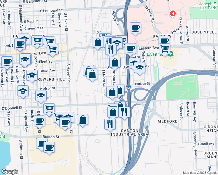 map of restaurants, bars, coffee shops, grocery stores, and more near 4631 Hudson Street in Baltimore