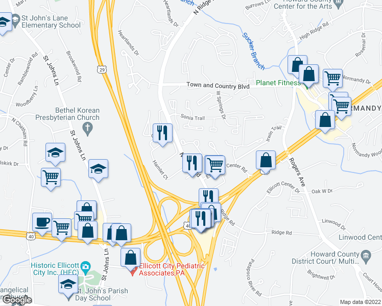 map of restaurants, bars, coffee shops, grocery stores, and more near 3310 Honey Bee Court in Ellicott City