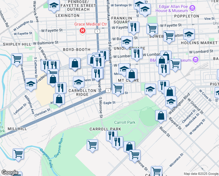 map of restaurants, bars, coffee shops, grocery stores, and more near 1806 Wilkens Avenue in Baltimore