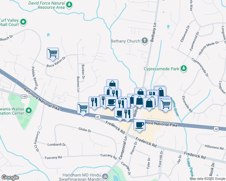 map of restaurants, bars, coffee shops, grocery stores, and more near Pine Orchard Lane in Ellicott City