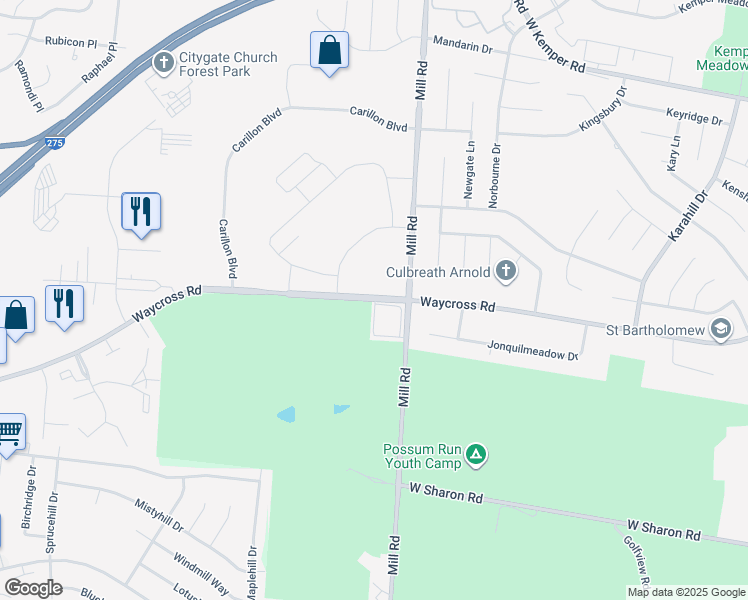 map of restaurants, bars, coffee shops, grocery stores, and more near 1661 Waycross Road in Cincinnati