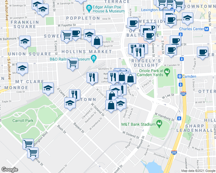 map of restaurants, bars, coffee shops, grocery stores, and more near 847 Washington Boulevard in Baltimore