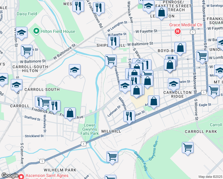 map of restaurants, bars, coffee shops, grocery stores, and more near 2641 Hafer Street in Baltimore