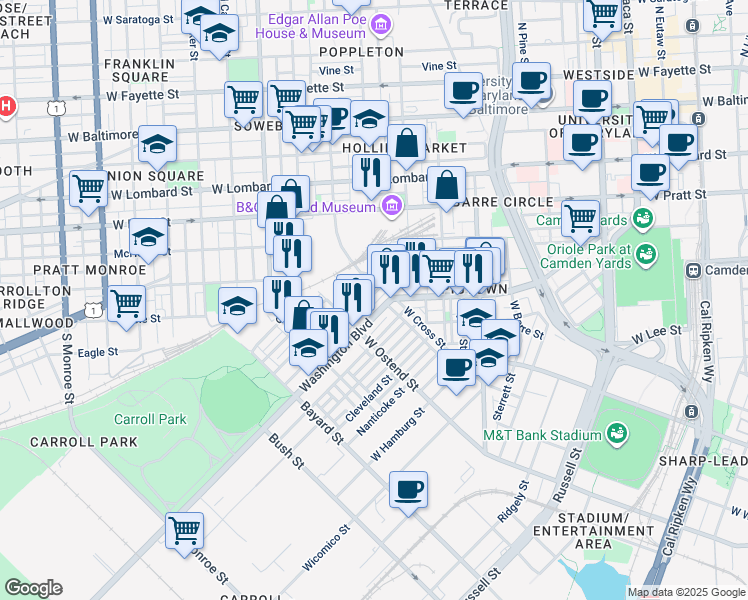 map of restaurants, bars, coffee shops, grocery stores, and more near 1115 Sargeant Street in Baltimore