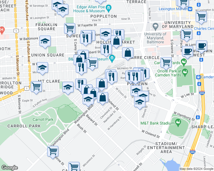 map of restaurants, bars, coffee shops, grocery stores, and more near 1115 Sargeant Street in Baltimore