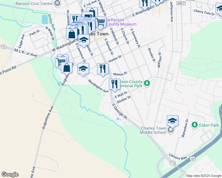 map of restaurants, bars, coffee shops, grocery stores, and more near Highway 115 in Charles Town