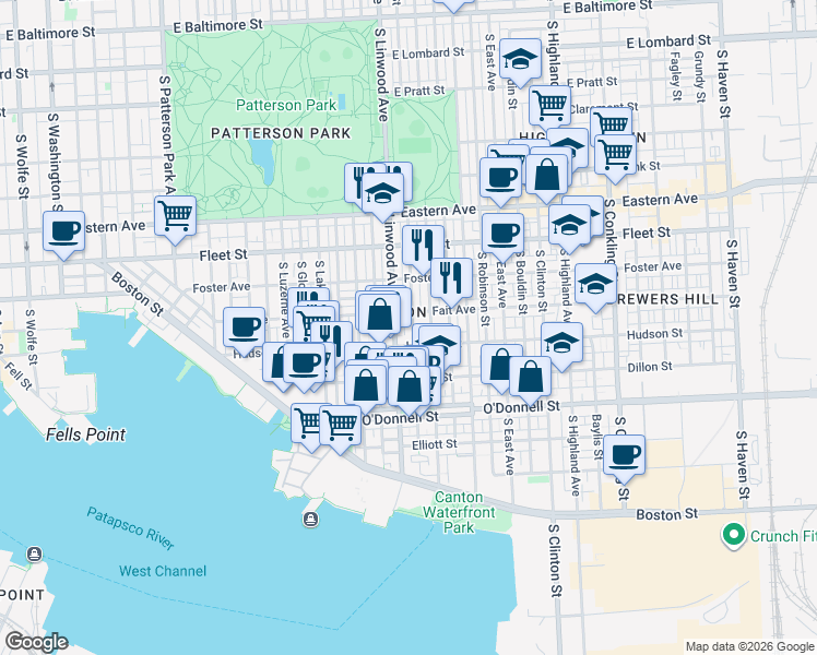 map of restaurants, bars, coffee shops, grocery stores, and more near 808 South Curley Street in Baltimore