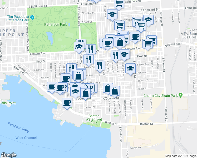 map of restaurants, bars, coffee shops, grocery stores, and more near 742 South Decker Avenue in Baltimore