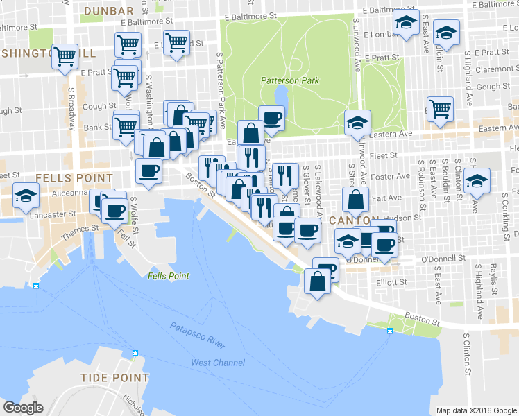 map of restaurants, bars, coffee shops, grocery stores, and more near 2405 Fait Avenue in Baltimore