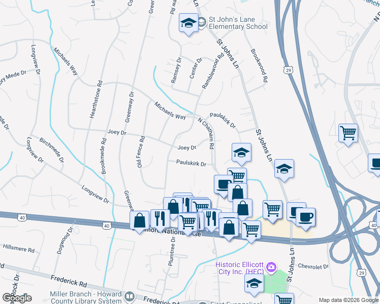 map of restaurants, bars, coffee shops, grocery stores, and more near 9317 Joey Drive in Ellicott City