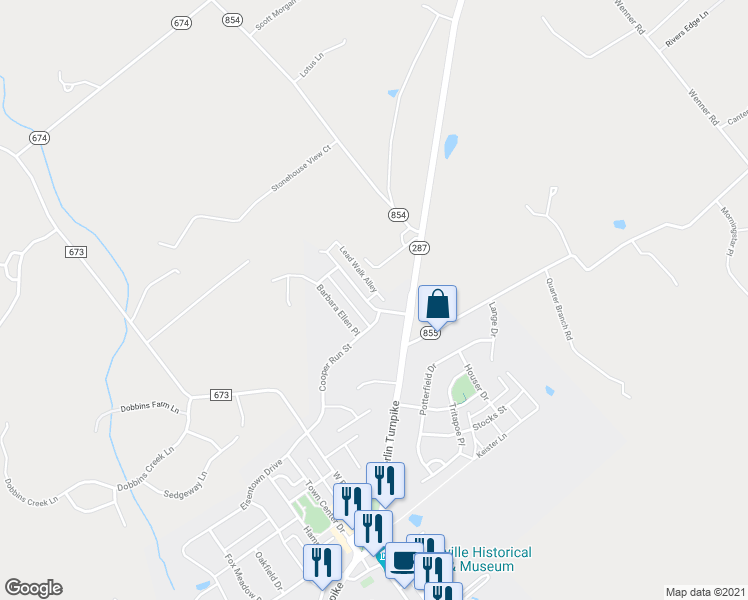 map of restaurants, bars, coffee shops, grocery stores, and more near 6 Tilgham Place in Lovettsville