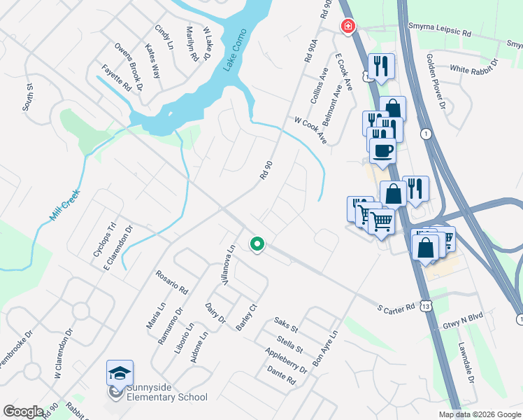 map of restaurants, bars, coffee shops, grocery stores, and more near 413 Sunnyside Road in Smyrna