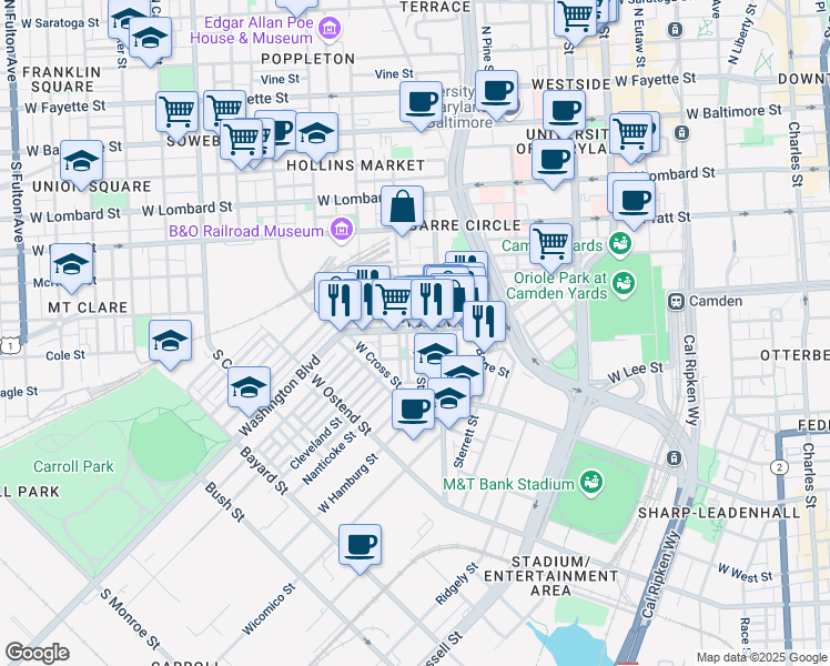 map of restaurants, bars, coffee shops, grocery stores, and more near 827 Washington Boulevard in Baltimore