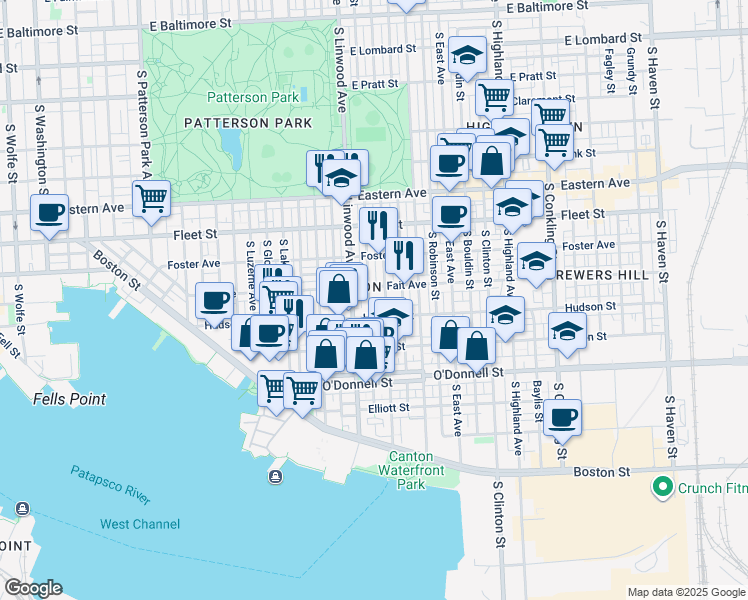 map of restaurants, bars, coffee shops, grocery stores, and more near 813 South Curley Street in Baltimore