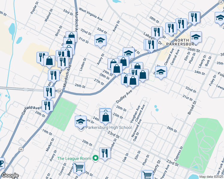 map of restaurants, bars, coffee shops, grocery stores, and more near 2700 Emerson Avenue in Parkersburg