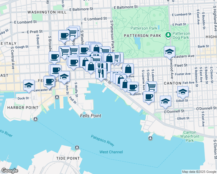 map of restaurants, bars, coffee shops, grocery stores, and more near 2325 Boston Street in Baltimore