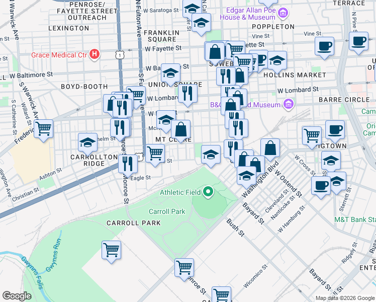map of restaurants, bars, coffee shops, grocery stores, and more near 413 South Parrish Street in Baltimore