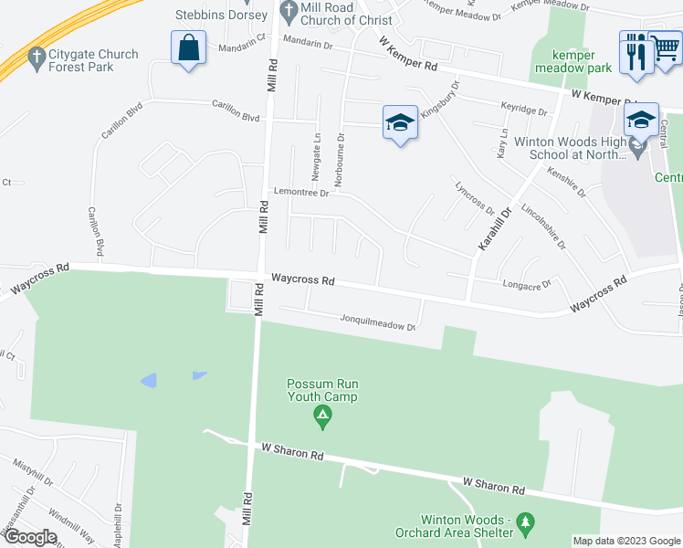 map of restaurants, bars, coffee shops, grocery stores, and more near 1526 Waycross Road in Cincinnati