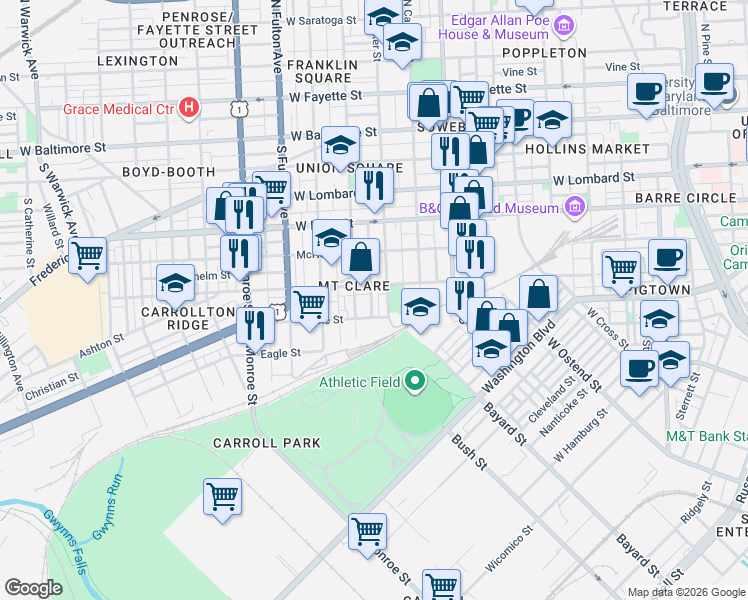 map of restaurants, bars, coffee shops, grocery stores, and more near 413 South Parrish Street in Baltimore