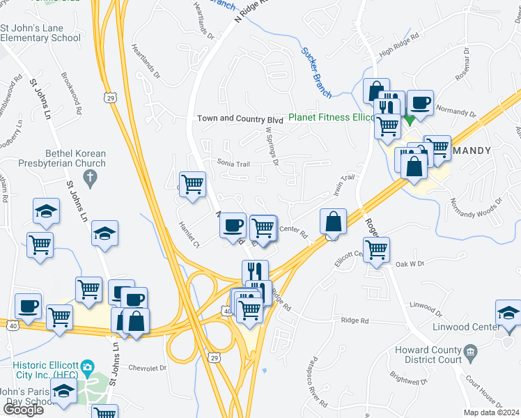 map of restaurants, bars, coffee shops, grocery stores, and more near 3241 Halcyon Court in Ellicott City