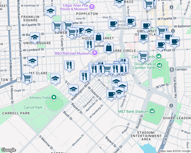 map of restaurants, bars, coffee shops, grocery stores, and more near Washington Blvd & W Cross St in Baltimore