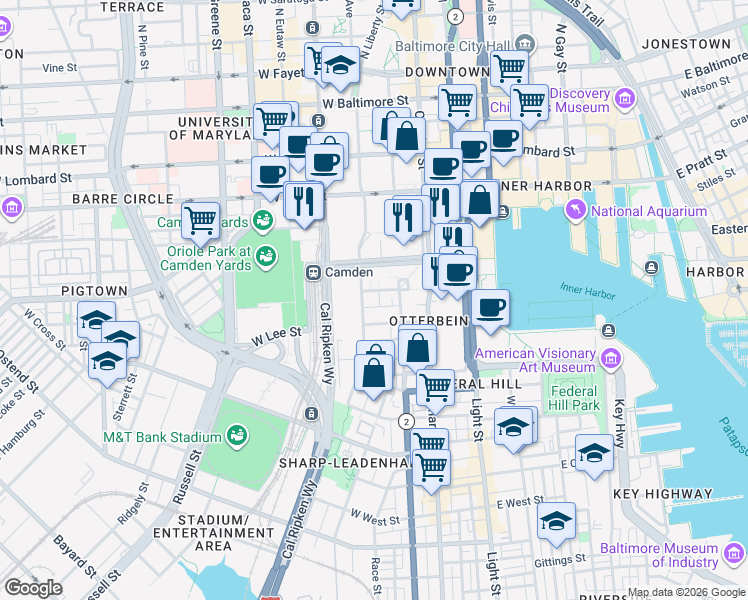 map of restaurants, bars, coffee shops, grocery stores, and more near 123 West Barre Street in Baltimore