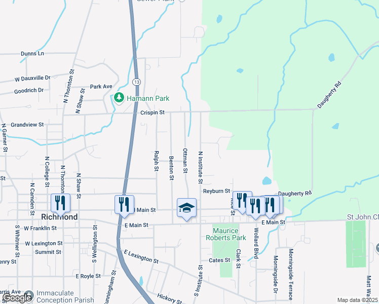 map of restaurants, bars, coffee shops, grocery stores, and more near 505 Ottman Street in Richmond