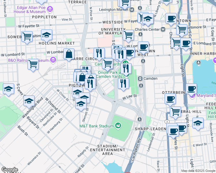 map of restaurants, bars, coffee shops, grocery stores, and more near 619 South Paca Street in Baltimore