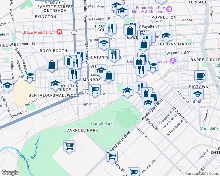 map of restaurants, bars, coffee shops, grocery stores, and more near 407 South Gilmor Street in Baltimore