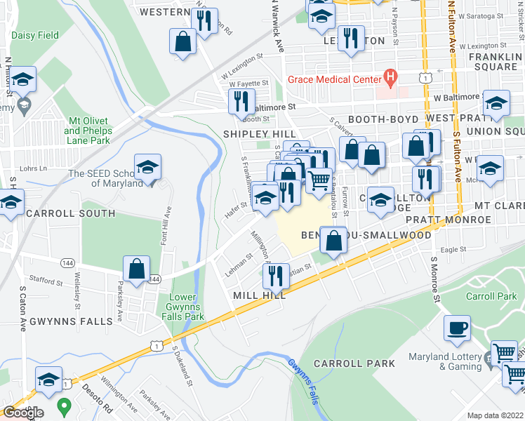 map of restaurants, bars, coffee shops, grocery stores, and more near 2548 Frederick Avenue in Baltimore