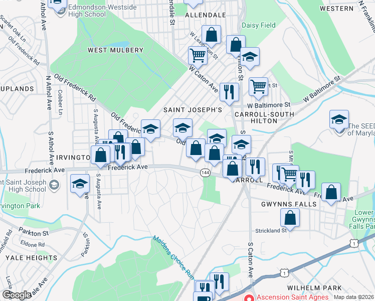 map of restaurants, bars, coffee shops, grocery stores, and more near 3549 Old Frederick Road in Baltimore