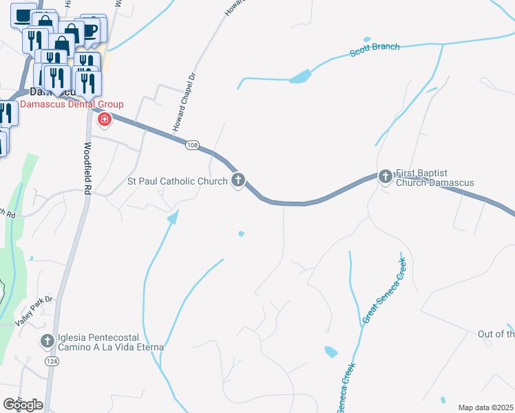 map of restaurants, bars, coffee shops, grocery stores, and more near 9240 Damascus Road in Damascus