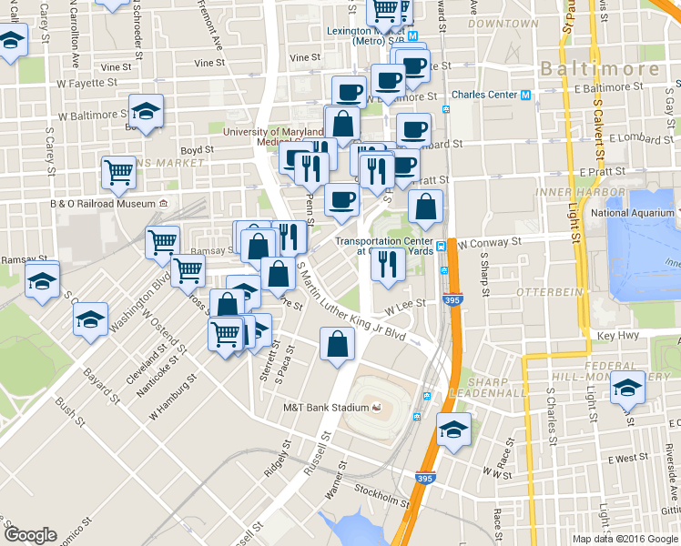 map of restaurants, bars, coffee shops, grocery stores, and more near 619 South Paca Street in Baltimore