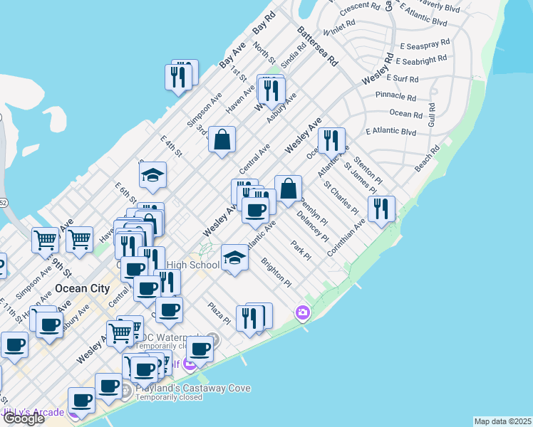 map of restaurants, bars, coffee shops, grocery stores, and more near 317 Wesley Avenue in Ocean City