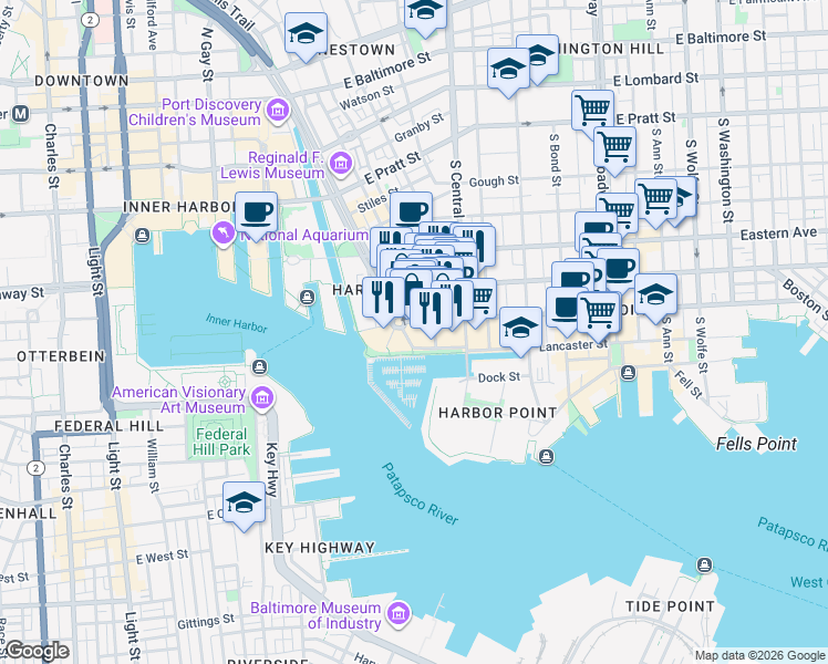 map of restaurants, bars, coffee shops, grocery stores, and more near 707 President Street in Baltimore