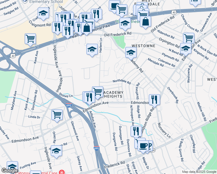 map of restaurants, bars, coffee shops, grocery stores, and more near 6142 Regent Park Road in Catonsville