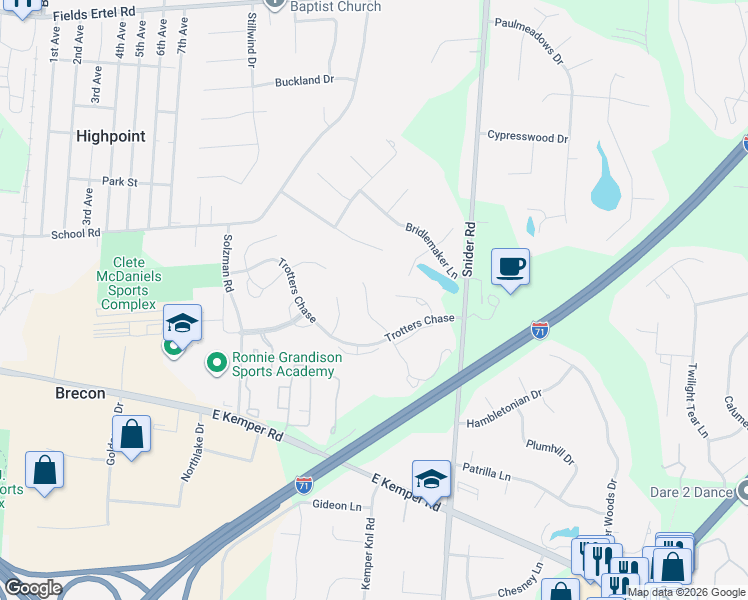 map of restaurants, bars, coffee shops, grocery stores, and more near 11790 Wingate Lane in Cincinnati