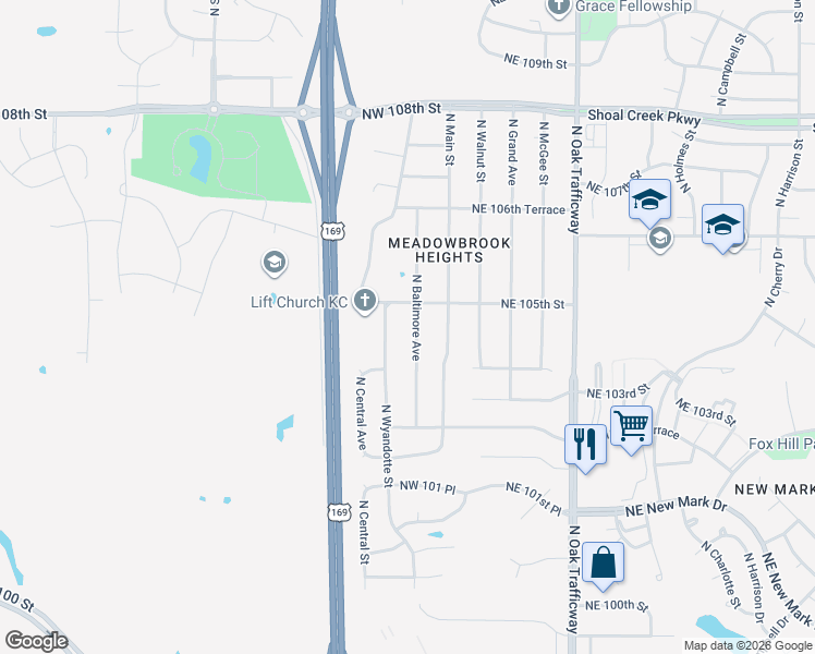 map of restaurants, bars, coffee shops, grocery stores, and more near 10423 North Wyandotte Street in Kansas City