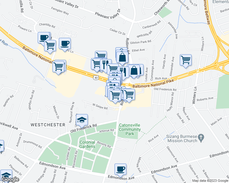 map of restaurants, bars, coffee shops, grocery stores, and more near 822 North Rolling Road in Catonsville