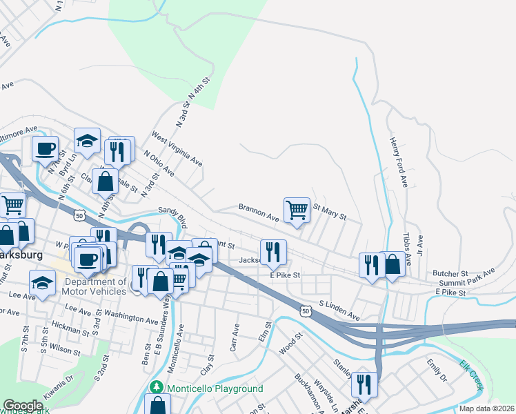 map of restaurants, bars, coffee shops, grocery stores, and more near 43 Brannon Avenue in Clarksburg