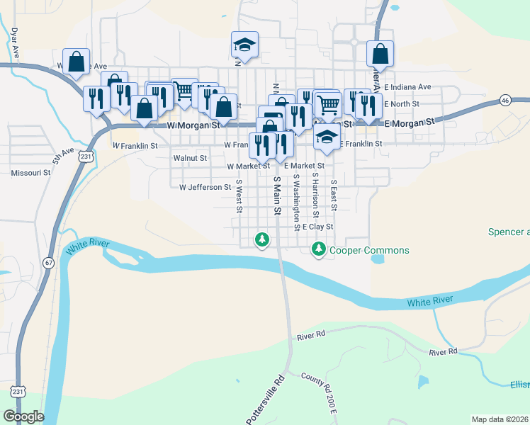 map of restaurants, bars, coffee shops, grocery stores, and more near 267 South Main Street in Spencer