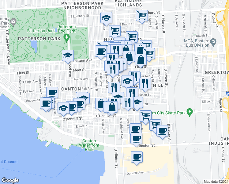 map of restaurants, bars, coffee shops, grocery stores, and more near 807 South Clinton Street in Baltimore
