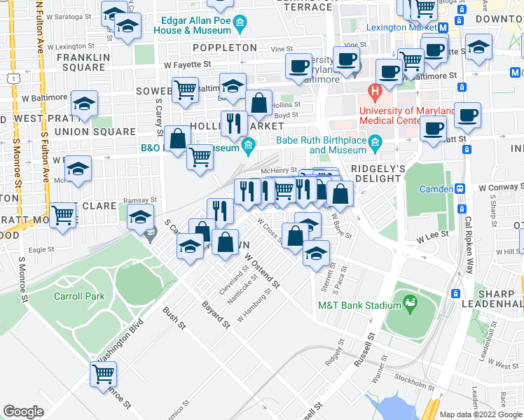 map of restaurants, bars, coffee shops, grocery stores, and more near Washington Blvd & S Poppleton St in Baltimore