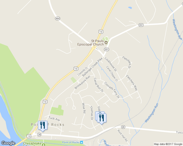 map of restaurants, bars, coffee shops, grocery stores, and more near 1746 Canal Run Drive in Point of Rocks
