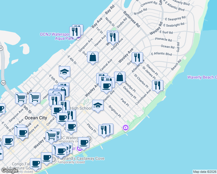 map of restaurants, bars, coffee shops, grocery stores, and more near 317 Wesley Avenue in Ocean City