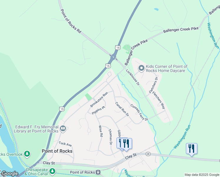 map of restaurants, bars, coffee shops, grocery stores, and more near 1746 Canal Run Drive in Point of Rocks