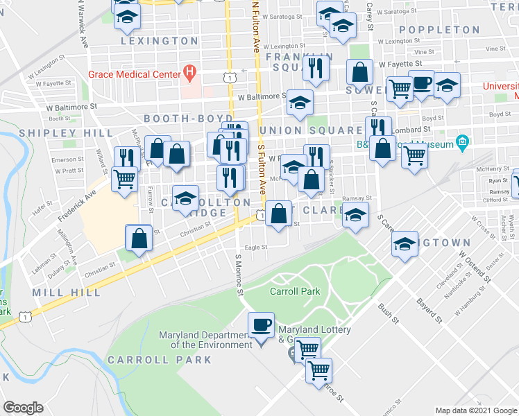 map of restaurants, bars, coffee shops, grocery stores, and more near Clifford St in Baltimore